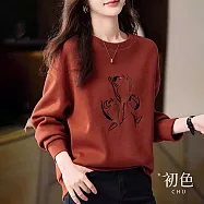 【初色】圓領圖案刺繡休閒寬鬆顯瘦長袖加絨保暖T恤上衣-磚紅色-31581(M-XL可選) M 磚紅色