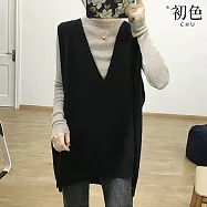 【初色】純色簡約寬鬆百搭深V領無袖外搭針織背心上衣-共4色-31447(F可選) F 黑色