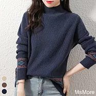 【MsMore】 高端大氣羊毛感高領復古chic長袖針織短版上衣# 120260 FREE 藏青色