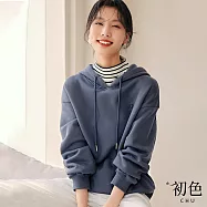 【初色】字母繡花拼接條紋連帽抽繩長袖衛衣T恤上衣-灰藍色-31584(M-2XL可選) M 灰藍色