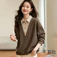 【初色】假兩件拼色翻領加厚保暖斜紋磨毛T恤上衣-咖色-31585(M-2XL可選) M 咖色