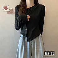 【Jilli~ko】不規則翻領針織衫女軟糯坑條單排扣設計 J11356 FREE 黑色