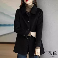 【初色】韓系翻領排釦長袖中長版防風外套毛呢大衣女上衣-11款任選-31083(M-2XL/F可選) M C.黑色