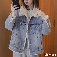 【MsMore】 時髦牛仔外套仿兔毛內裡韓系小個子厚中長寬鬆長袖保暖外套# 120316 3XL 牛仔藍色
