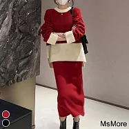 【MsMore】 鹽系穿搭韓劇紅色本命年小香風圓領長袖高腰針織長裙子兩件套裝# 120406 FREE 紅色