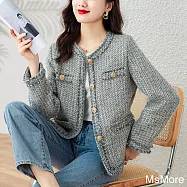 【MsMore】 法式花呢流行長袖拉毛流蘇小香封短版寬鬆外套# 120244 XL 灰色