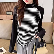 【MsMore】 純色德絨撞色條紋加厚長袖半高領內搭短版T恤上衣# 120489 XL 黑色