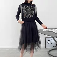 【MsMore】 奥芝國氛圍感重工刺繡針織背心長袖連身裙毛衣洋裝兩件式套裝# 120449 FREE 黑色