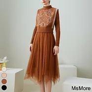 【MsMore】 奥芝國氛圍感重工刺繡針織背心長袖連身裙毛衣洋裝兩件式套裝# 120449 FREE 咖色