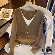 【Jilli~ko】假兩件V領時尚氣質疊穿長袖針織衫 J11515 FREE 黃色