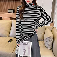 【MsMore】 木耳邊條紋德絨長袖加厚內搭半高領T恤短版上衣# 120491 XL 黑色
