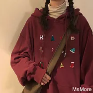 【MsMore】 連帽可愛喜氣印花酒紅色長袖T寬鬆短版上衣# 120552 L 酒紅色