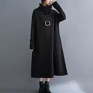 【ACheter】 復古文藝氣質加絨加厚寬鬆高領長袖連身裙長版洋裝# 120559 2XL 黑色