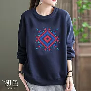 【初色】圓領幾何圖案印花寬鬆大碼顯瘦長袖衛衣T恤上衣-共5色-31663(M-2XL可選) M 藏青色