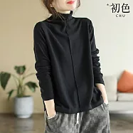 【初色】韓版素色拼接高領大碼長袖內搭T恤上衣-共5色-31665(M-2XL可選) M 黑色