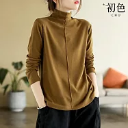 【初色】韓版素色拼接高領大碼長袖內搭T恤上衣-共5色-31665(M-2XL可選) L 棕黃色