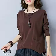 【初色】純色寬鬆遮肉口袋不規則下擺圓領長袖T恤上衣-共2色-31667(M-2XL可選) M 咖啡色