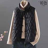 【初色】文藝盤扣輕薄科技羽絨棉立領無袖背心外套-共5色-31678(M-2XL可選) 2XL 黑色