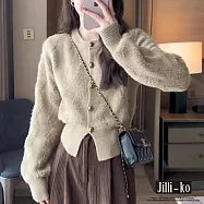 【Jilli~ko】單排扣波浪簇絨緹花圓領短款針織開衫 J11533 FREE 卡其