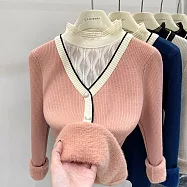 【MsMore】 假兩件半高領加絨加厚毛衣一體絨網紗拼接長袖修身內搭短版上衣# 120400 FREE 粉紅色