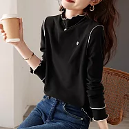 【MsMore】 撞色夾條加厚內搭長袖木耳邊領設計感修身保暖短上衣# 120248 2XL 黑色