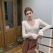 【AMIEE】甜辣風百搭大V領長袖上衣(4色/M-2XL/KDTQ-6865) XL 杏色