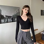 【AMIEE】甜辣風百搭大V領長袖上衣(4色/M-2XL/KDTQ-6865) 2XL 黑色