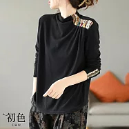 【初色】文藝民族風印花貼布半高領打底衫T恤上衣女上衣-共4色-31561(M-2XL可選) M 黑色