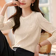 【MsMore】 肌理針織長袖緹花波浪紋長袖米白色寬鬆休閒短版上衣# 120635 M 米白色