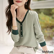【MsMore】 氣質優雅拼色V領簡約百搭質感撞色拼接綠色修身短版上衣# 120653 2XL 綠色