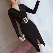 【MsMore】 氣質高冷禦姐風過膝洋裝輕熟宴會時尚一步開叉收腰長版# 120675 2XL 黑色