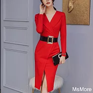 【MsMore】 氣質高冷禦姐風過膝洋裝輕熟宴會時尚一步開叉收腰長版# 120675 2XL 紅色