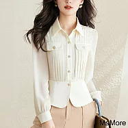 【MsMore】 長袖雪紡衫上衣襯衫洋派修身顯瘦氣質高雅短版# 120682 M 米白色
