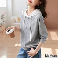 【MsMore】 氣質百搭連帽紐扣裝飾寬鬆顯瘦長袖舒適短版上衣# 120685 2XL 灰色