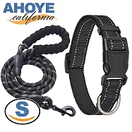【AHOYE】舒適透氣寵物項圈+牽繩 (寵物牽繩 狗項圈) 黑色-S