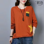 【初色】長袖幾何圖形貼布拼接寬鬆圓領T恤上衣-共3色-31556(XL/2XL可選) XL 橘色