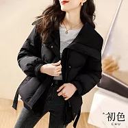 【初色】簡約撞色拼接可拆式兩件套中長款科技羽絨棉大衣休閒外套-共2色-31722(M-2XL可選) F 黑色