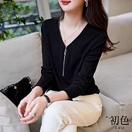 【初色】素色拼接V領拉鍊領口半開領修身長袖T恤上衣-共2色-31721(M-2XL可選) 2XL 黑色