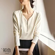 【初色】素色拼接V領拉鍊領口半開領修身長袖T恤上衣-共2色-31721(M-2XL可選) XL 米白色