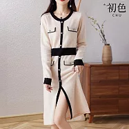 【初色】小香風針織撞色圓領前開衩長袖中長裙連身裙洋裝-共2色-31727(F可選) F 米色