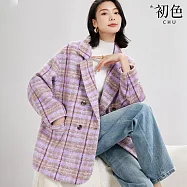 【初色】翻領拼接格紋寬鬆長袖毛呢西裝大衣外套-共2色-31716(M-2XL可選) XL 紫色