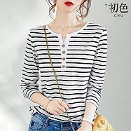 【初色】休閒簡約經典黑白條紋圓領開襟釘扣裝飾長袖內搭打底T恤上衣-白色-31790(M-2XL可選) 2XL 白色
