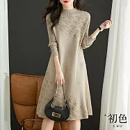 【初色】慵懶風拼接幾何圖形半高領毛衣口袋長袖中長裙針織連身洋裝-共5色-31801(F可選) F 駝色