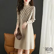 【初色】半高領針織連身收腰中長裙長袖洋裝-駝色-31802(F可選) F 駝色