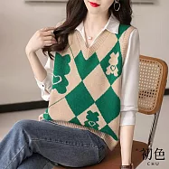 【初色】復古菱格卡通減齡休閒百搭V領針織無袖背心馬甲上衣-共4色-31805(F可選) F 綠色