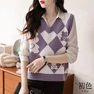 【初色】復古菱格卡通減齡休閒百搭V領針織無袖背心馬甲上衣-共4色-31805(F可選) F 紫色
