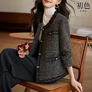 【初色】小香風V領單排釦毛邊長袖短款粗花毛呢大衣西裝外套休閒外套-灰黑色-31854(M-2XL可選) 2XL 灰黑色