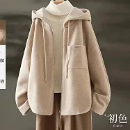 【初色】簡約純色抽繩連帽外套長袖夾克毛呢大衣休閒外套-共2色-32032(M-2XL可選) XL 淺卡其色