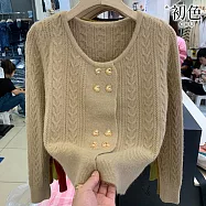 【初色】休閒簡約寬鬆圓領雙排釦長袖毛衣內搭打底針織衫外套女上衣-共3色-31885(F可選) F 卡其色
