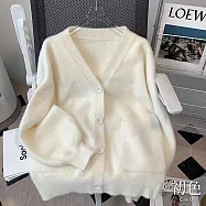 【初色】純色寬鬆長袖V領開衫毛衣口袋針織外套女上衣-共2色-32093(F可選) F 白色